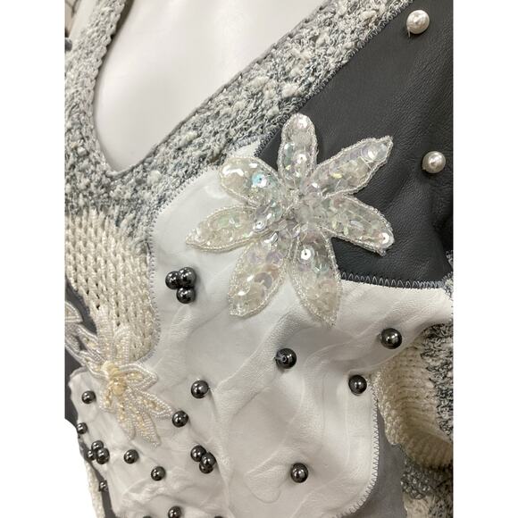 VTG Domallo Sweater Women’s Size M Handmade In Israel Leather Faux Pearls Knit - Picture 5 of 6